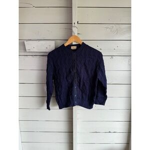 Vintage Premier Navy Blue 100% Virgin Wool Cable Knit Cardigan Sweater Crew Neck
